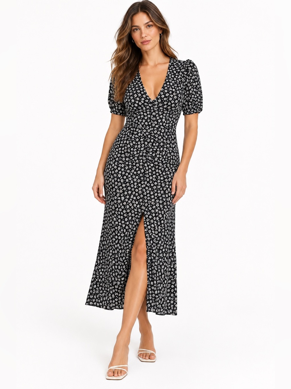 AFRM Black Floral V-Neck Midi Dress size L center slit
